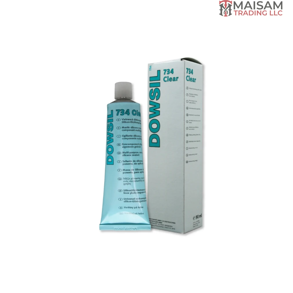 Dowsil 734 Flowable Adhesive Sealant Clear 90ml Tube — one-part RTV silicone sealant available in UAE from Maisam Trading LLC