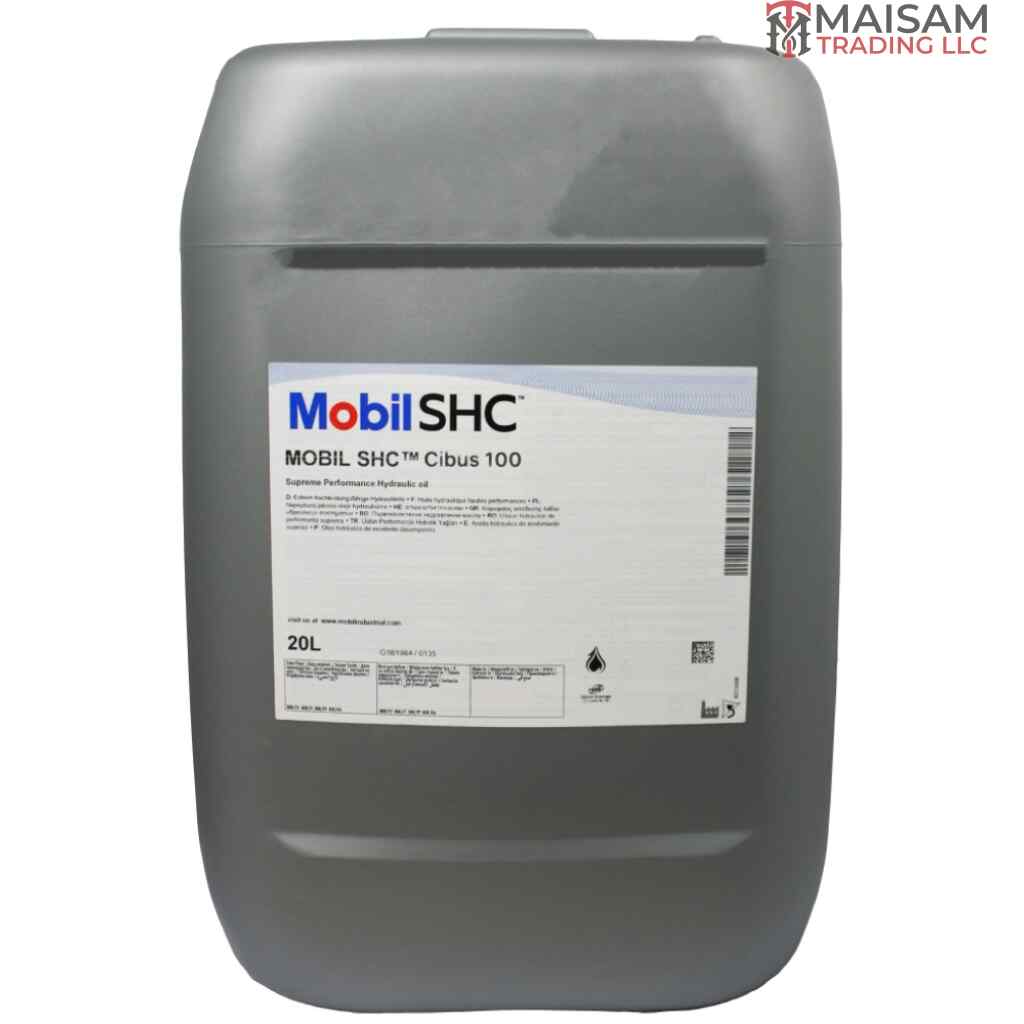 Mobil SHC Cibus 100 food-grade hydraulic oil 20L canister — available in UAE from Maisam Trading LLC
