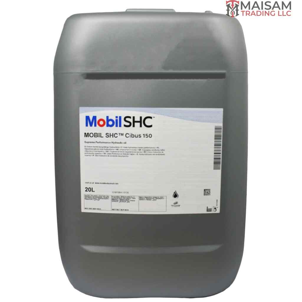 Mobil SHC Cibus 150 food-grade hydraulic oil 20L canister — available in UAE from Maisam Trading LLC
