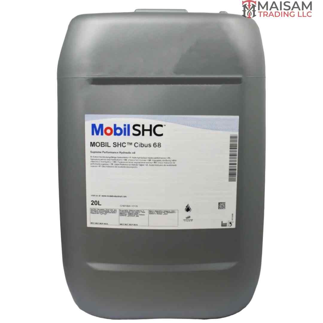 Mobil SHC Cibus 68 food-grade hydraulic oil 20L canister — available in UAE from Maisam Trading LLC