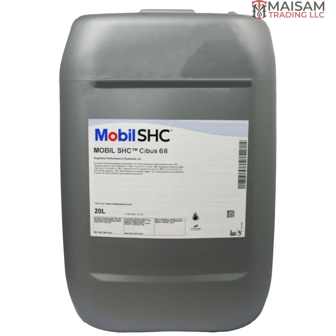 Mobil SHC Cibus 68 food-grade hydraulic oil 20L canister — available in UAE from Maisam Trading LLC